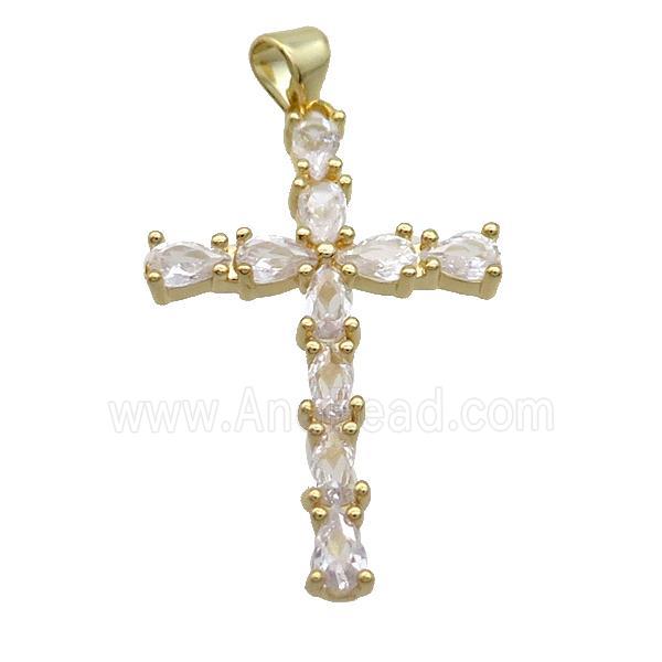Copper Cross Pendant Pave Clear Crystal Glass Gold Plated