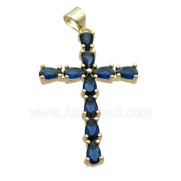 Copper Cross Pendant Pave Blue Crystal Glass Gold Plated