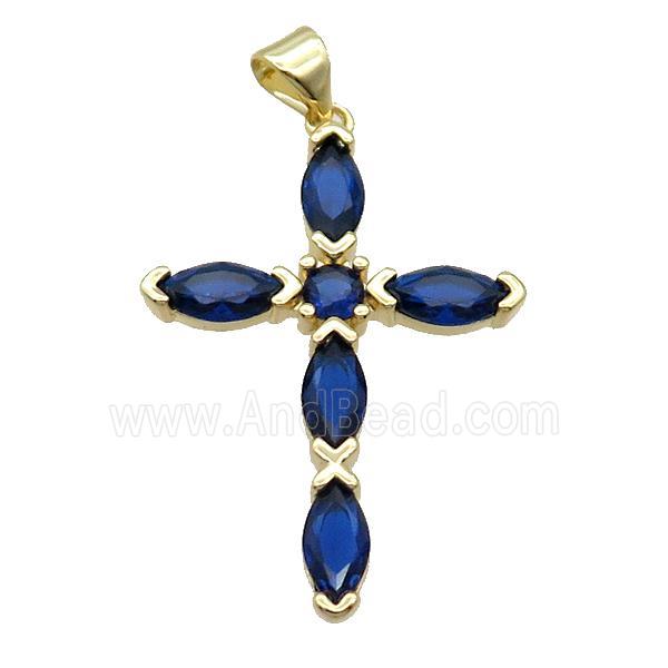 Copper Cross Pendant Pave Darkblue Crystal Glass Gold Plated