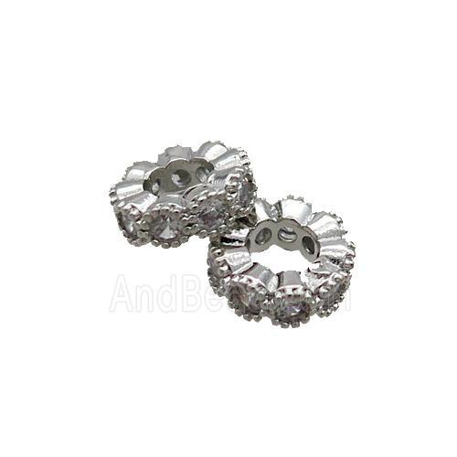 Copper Rondelle Beads Pave Zircon Platinum Plated