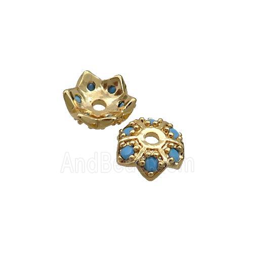 Copper Beadcaps Pave Turq Zircon Gold Plated
