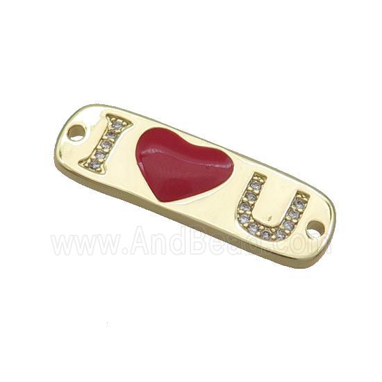 Copper I LOVE U Connector Pave Zircon Red Enamel Gold Plated