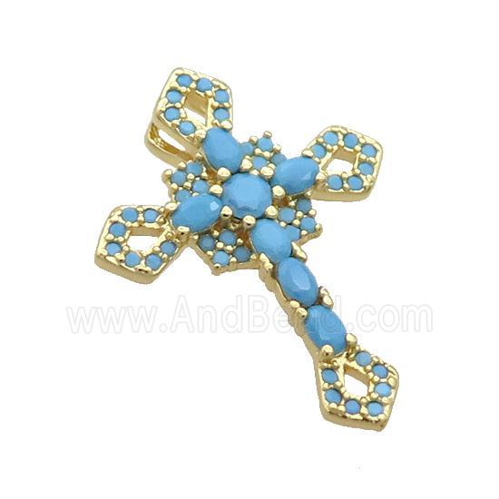 Copper Cross Pendant Pave Zircon Turq Gold Plated