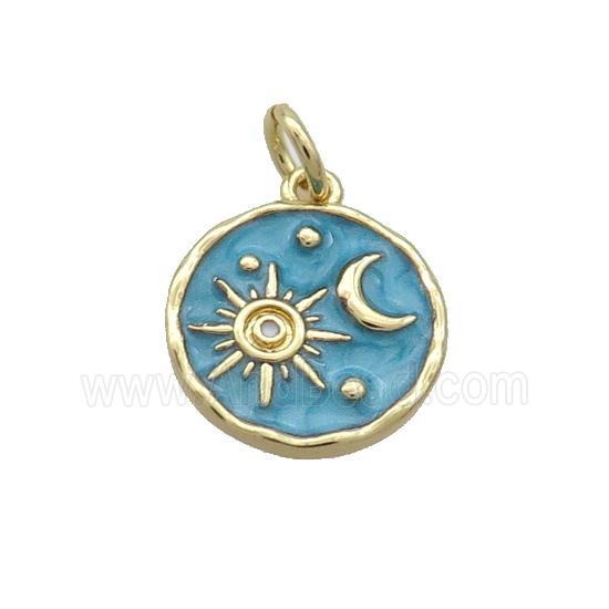 Copper Moon Sun Pendant Teal Enamel Circle Gold Plated