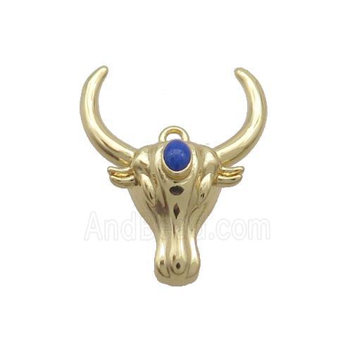 Copper Bullhead Pendant Pave Blue Crystal Gold Plated