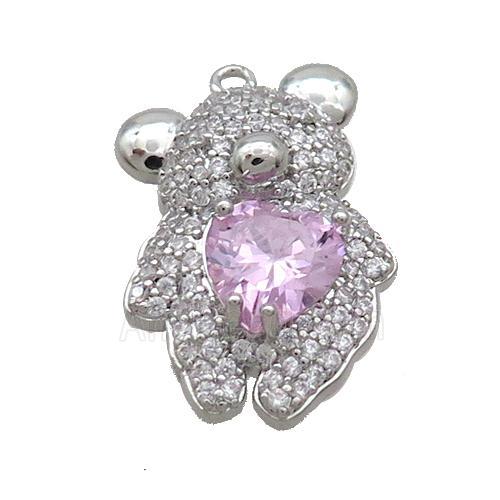 Copper Bear Pendant Pave Zircon Pink Heart Platinum Plated