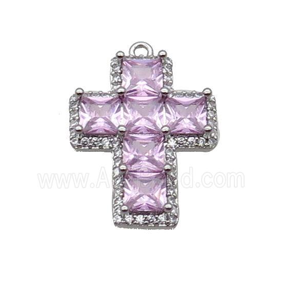 Copper Cross Pendant Pave Pink Crystal Glass Platinum Plated