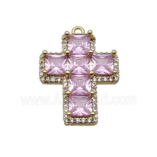 Copper Cross Pendant Pave Pink Crystal Glass Gold Plated