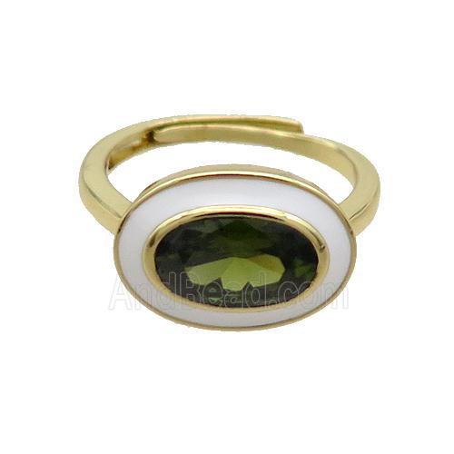 Copper Ring Pave Green Crystal Oval White Enamel Adjustable Gold Plated