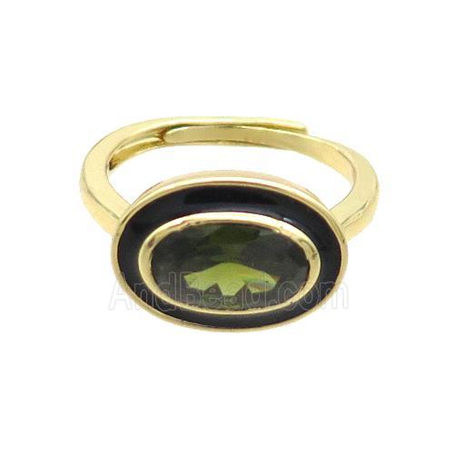 Copper Ring Pave Green Crystal Oval Black Enamel Adjustable Gold Plated