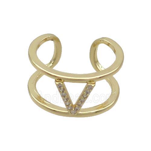 Copper Ring Pave Zircon V-Letter Gold Plated