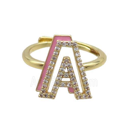 Copper Ring Pave Zircon A-Letter Adjustable Pink Enamel Gold Plated