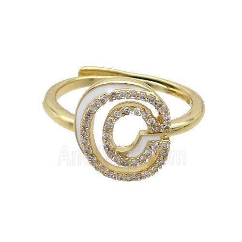 Copper Ring Pave Zircon C-Letter Adjustable White Enamel Gold Plated