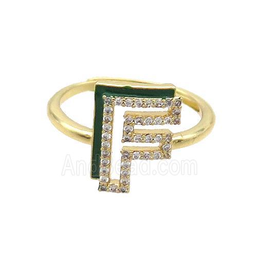 Copper Ring Pave Zircon F-Letter Adjustable Enamel Gold Plated