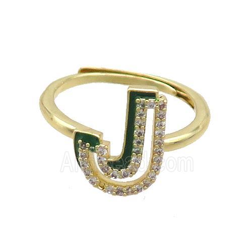 Copper Ring Pave Zircon J-Letter Adjustable Enamel Gold Plated