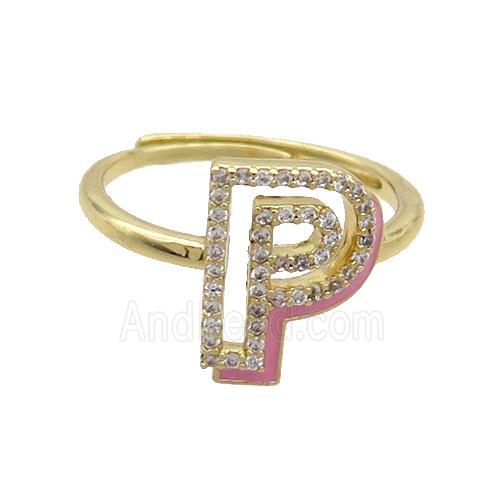 Copper Ring Pave Zircon P-Letter Adjustable Enamel Gold Plated
