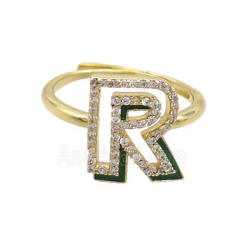 Copper Ring Pave Zircon R-Letter Adjustable Enamel Gold Plated