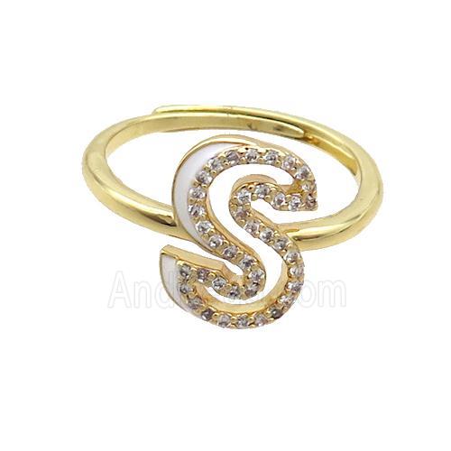 Copper Ring Pave Zircon S-Letter Adjustable Enamel Gold Plated