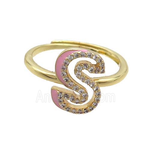 Copper Ring Pave Zircon S-Letter Adjustable Enamel Gold Plated