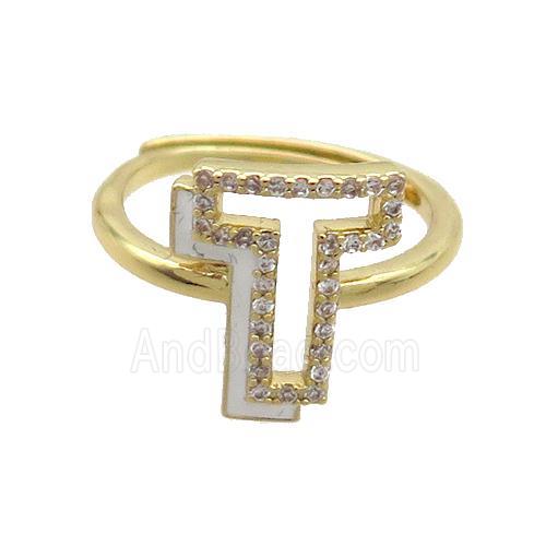 Copper Ring Pave Zircon T-Letter Adjustable Enamel Gold Plated