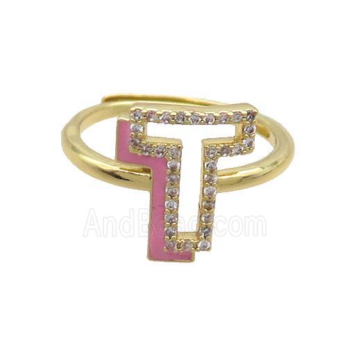 Copper Ring Pave Zircon T-Letter Adjustable Enamel Gold Plated