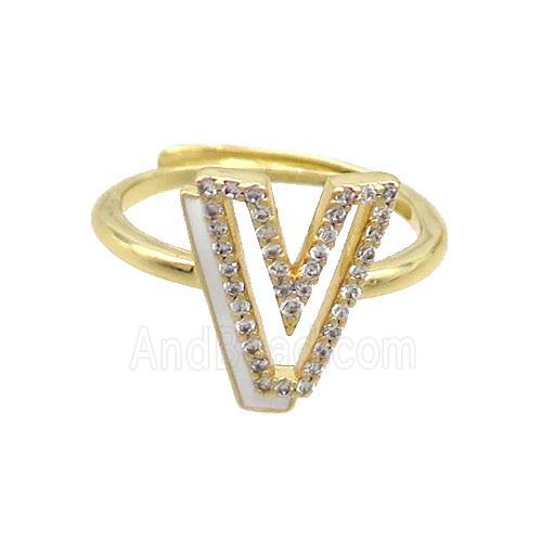 Copper Ring Pave Zircon V-Letter Adjustable Enamel Gold Plated