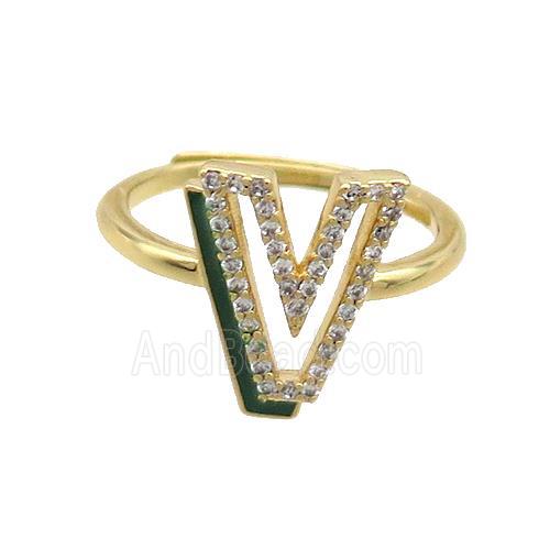 Copper Ring Pave Zircon V-Letter Adjustable Enamel Gold Plated