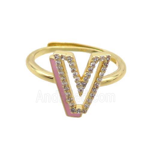 Copper Ring Pave Zircon V-Letter Adjustable Enamel Gold Plated
