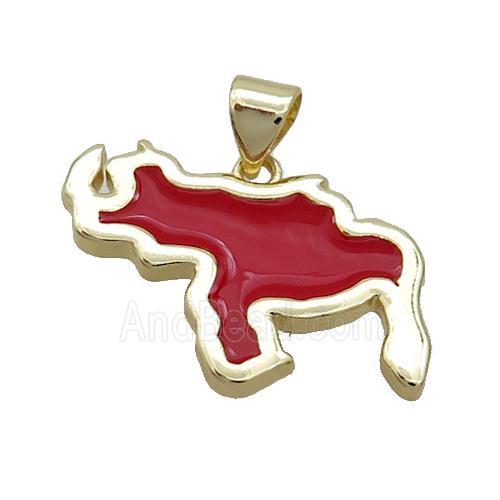 Copper Rhinoceros Pendant Red Enamel Gold Plated