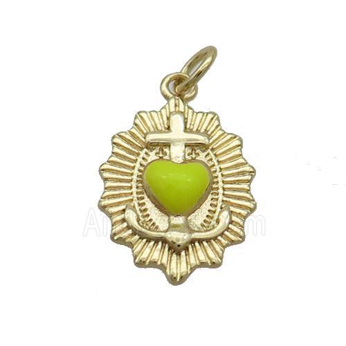 Copper Sacred Heart Of Jesus Charms Pendant Yellow Enamel Religious Gold Plated