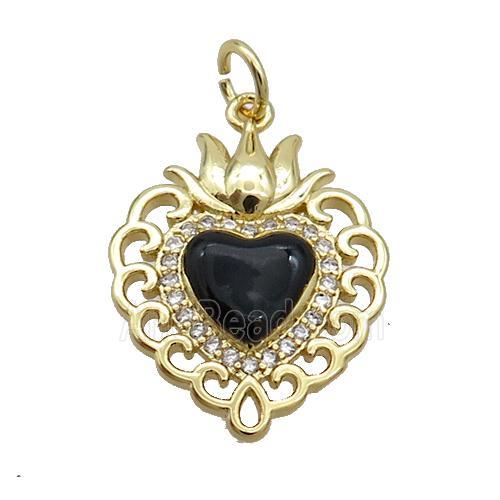 Copper Heart Pendant Pave Zircon Black Enamel Gold Plated