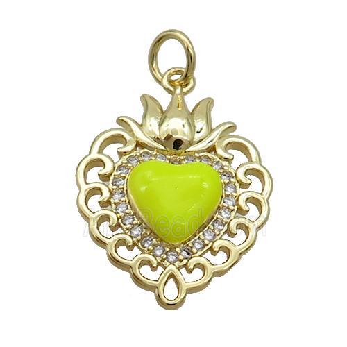 Copper Heart Pendant Pave Zircon Yellow Enamel Gold Plated