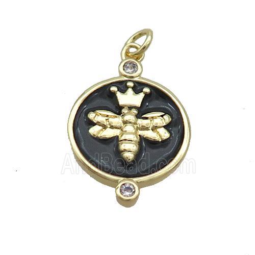 Copper Honeybee Pendant Circle Black Enamel Gold Plated
