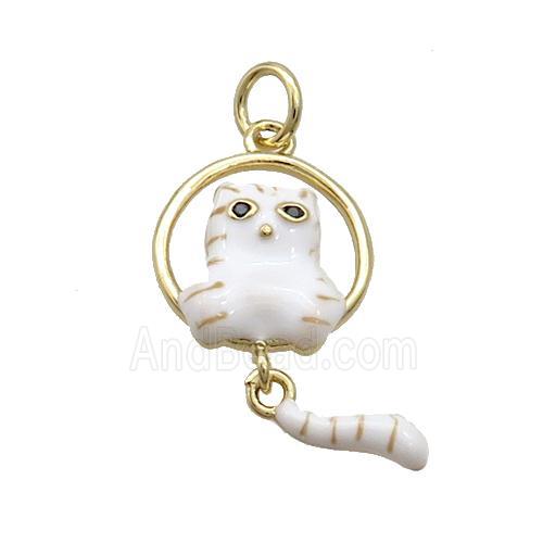 Copper Cat Charms Pendant White Enamel Gold Plated