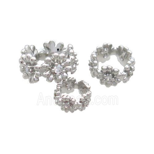 Copper Rondelle Beads Pave Zircon Large Hole Platinum Plated