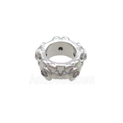 Copper Rondelle Beads Pave Zircon Large Hole Platinum Plated