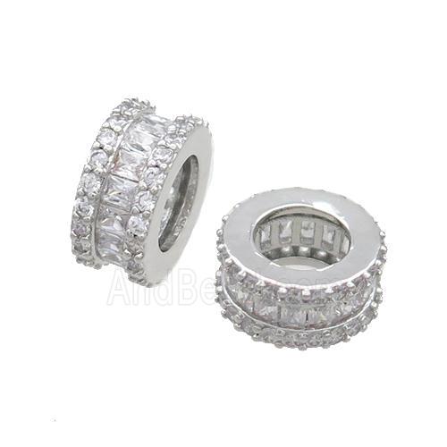 Copper Rondelle Beads Pave Zircon Large Hole Platinum Plated