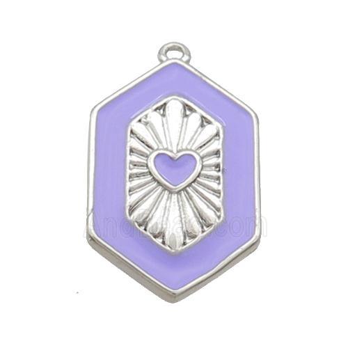 Copper Hexagon Pendant Lavender Enamel Heart Platinum Plated