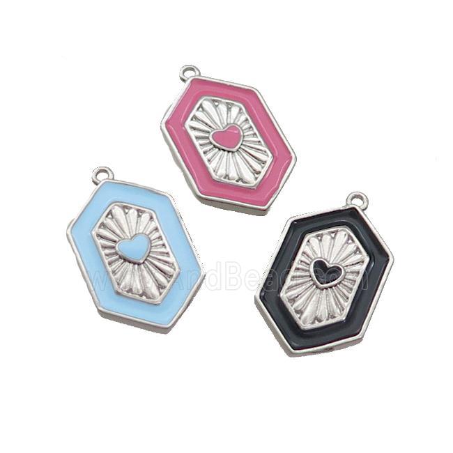 Copper Hexagon Pendant Enamel Heart Platinum Plated Mixed