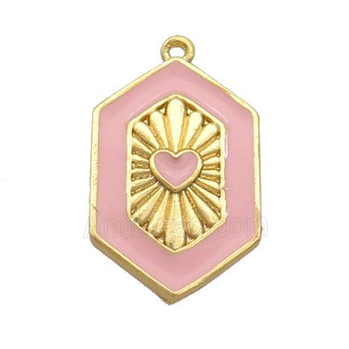 Copper Hexagon Pendant Pink Enamel Heart Gold Plated