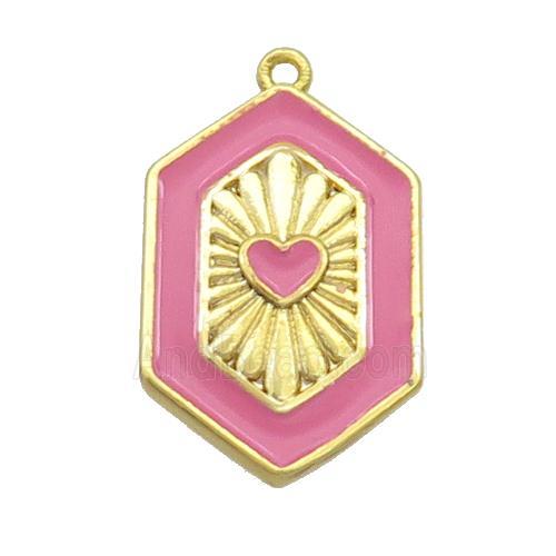 Copper Hexagon Pendant Pink Enamel Heart Gold Plated