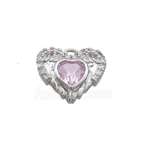 Copper Heart Pendant Pave Zircon Angel Wing Platinum Plated