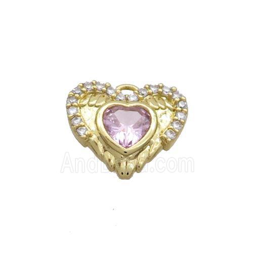 Copper Heart Pendant Pave Zircon Angel Wing Gold Plated