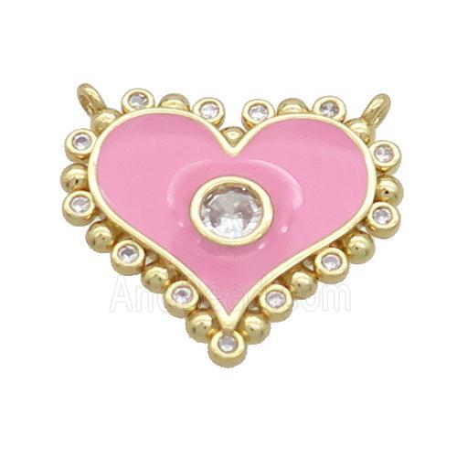 Copper Heart Pendant Pave Zircon Pink Enamel 2loops Gold Plated