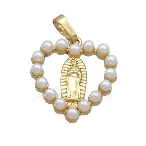 Copper Heart Pendant Pave Pearlized Plastic Virgin Mary Gold Plated