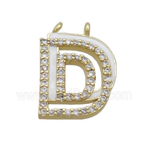 Copper Pendant Pave Zircon White Enamel Letter-D 2loops Gold Plated