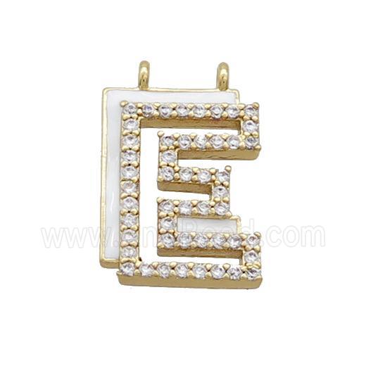 Copper Pendant Pave Zircon White Enamel Letter-E 2loops Gold Plated