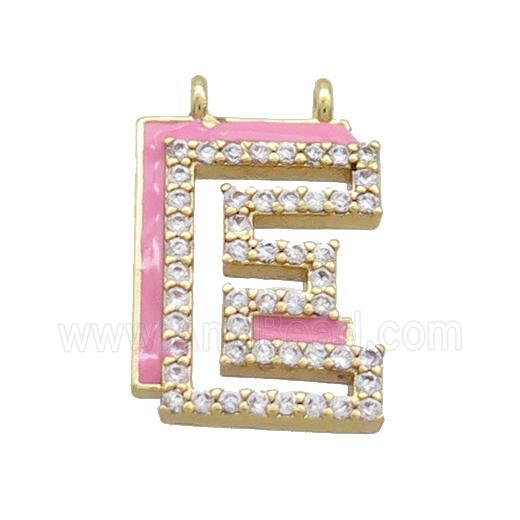 Copper Pendant Pave Zircon Pink Enamel Letter-E 2loops Gold Plated