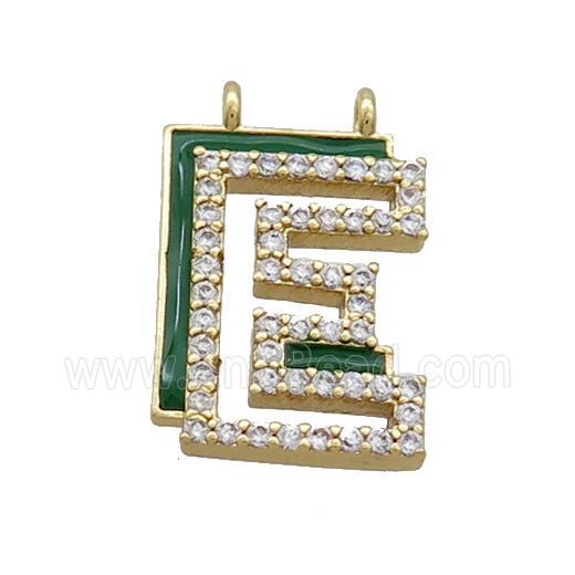 Copper Pendant Pave Zircon Green Enamel Letter-E 2loops Gold Plated