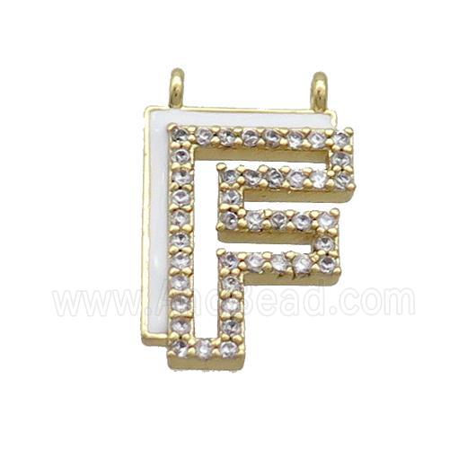 Copper Pendant Pave Zircon White Enamel Letter-F 2loops Gold Plated